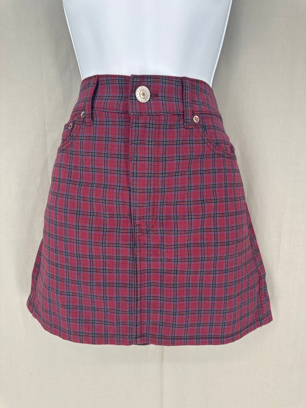 American Eagle Skirt Women 8 Red Plaid Mini Hi Rise Academia Grunge Punk Stretch